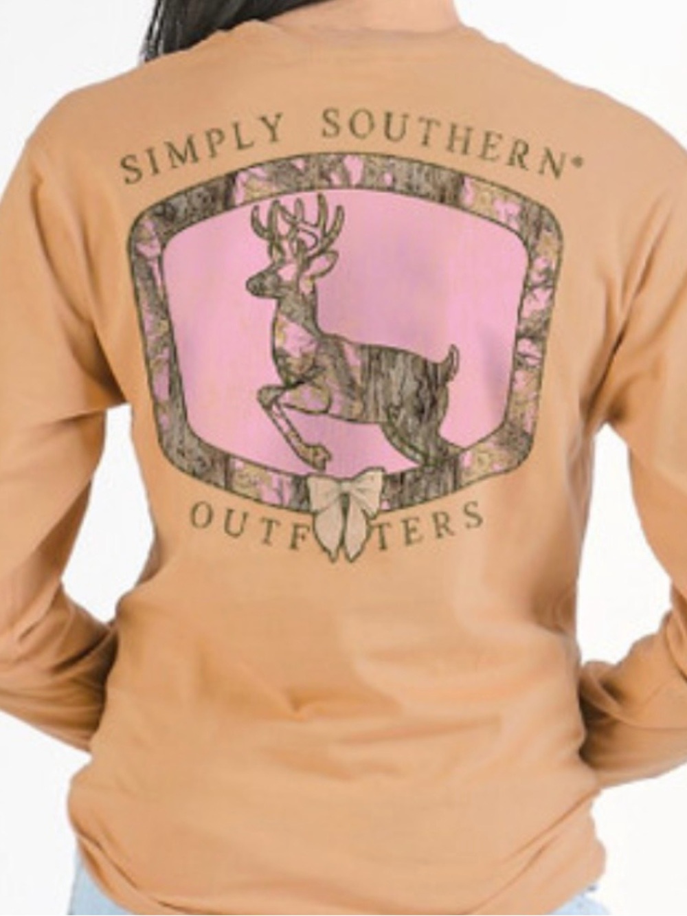 New Simply Southern Tan Camo Deer Bow Long sleeve Shirt 2XL XXL